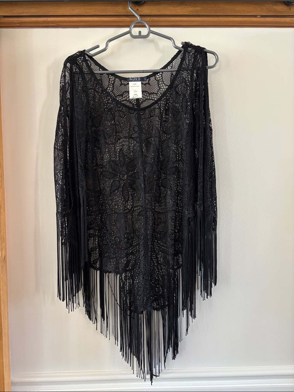 Alfani Black Fringe Openwork Knit Poncho